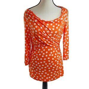 Vince Camuto Womens Size S Orange White Polka Dot Draped Ruched Blouse Top